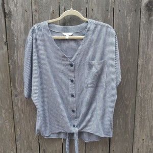 Time and Tru size L striped white blue cotton linen blend tie front blouse